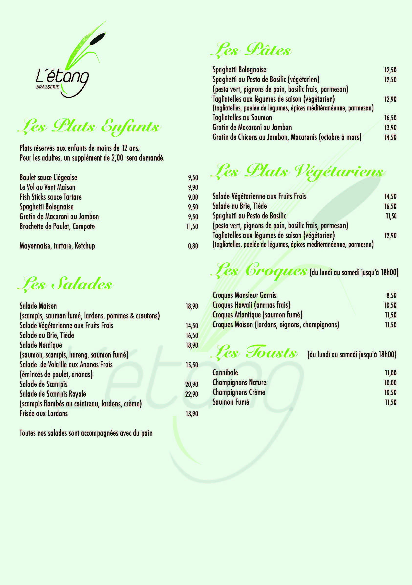 La Carte Brasserie de l'étang à Waremme